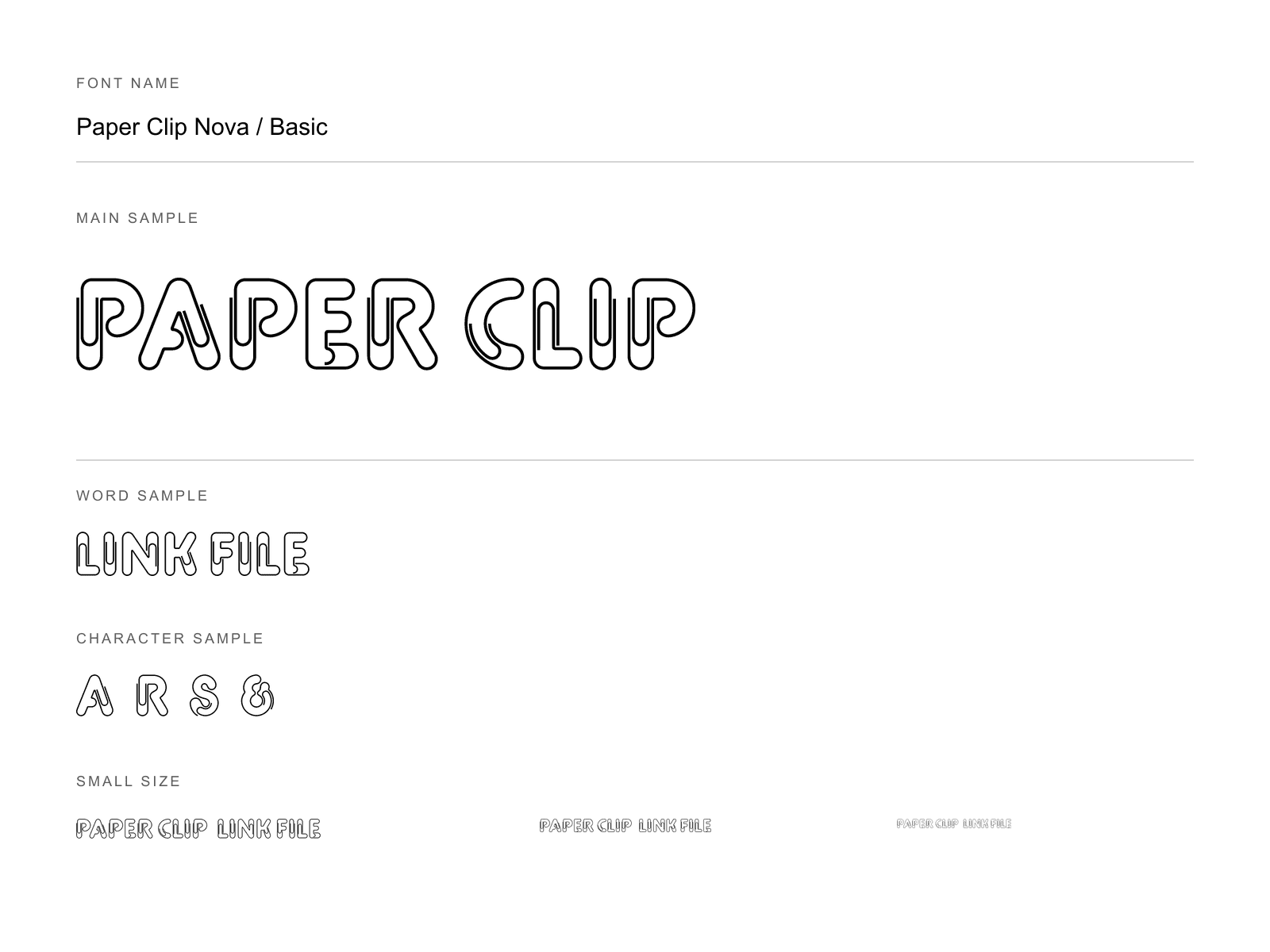 Adobe FontsのPaper Clip Nova Basicで組んだ欧文書体見本。PAPER CLIP、特徴的な字形と3段階の小サイズを白背景・黒文字で比較。