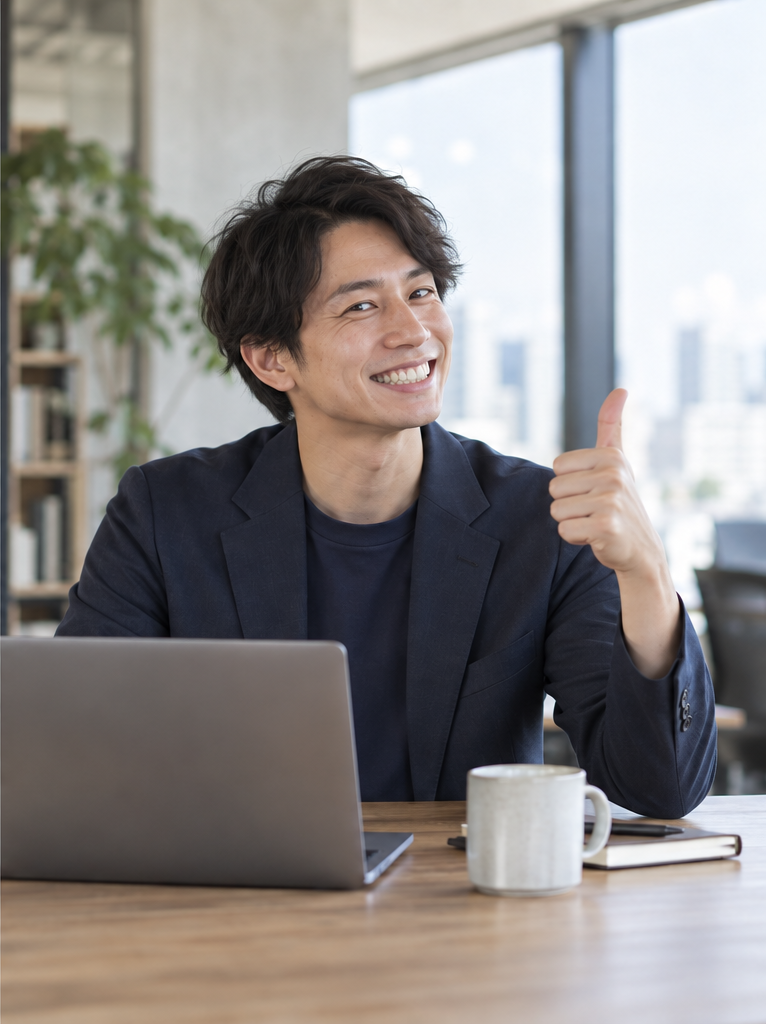 笑顔とポーズを作りすぎた採用人物写真