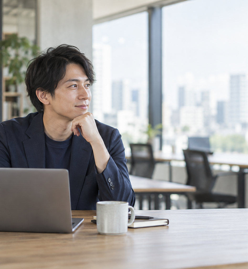視線の先にコピー用の余白がある採用人物写真